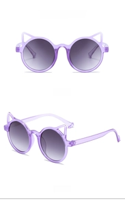 Cat ear children's sunglasses with purple transparent frames and grey gradient lenses