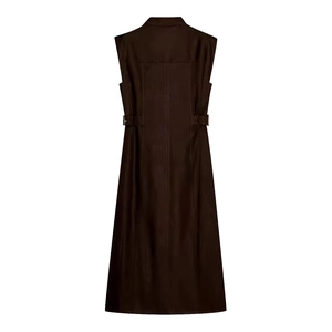 Rear view of deep brown sleeveless maxi dress with waist adjustment buckle detail