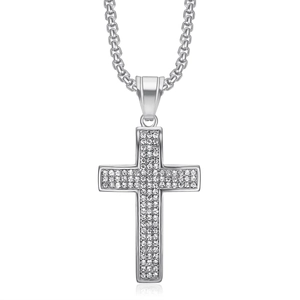 Hip hop iced out silver cross pendant necklace with sparkling crystals on white background