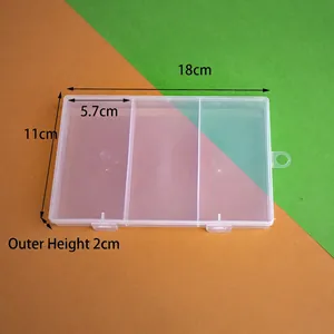 Three-grid clear PP storage box measuring 18x11x2cm with secure latches and top hanger