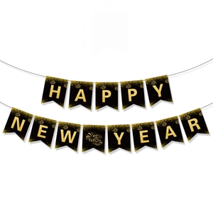 Black and gold swallowtail Happy New Year bunting with festive glitter fireworks