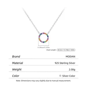 S925 sterling silver round necklace with colorful cubic zirconia pendant and adjustable chain
