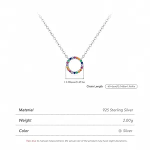 S925 sterling silver round necklace with colorful cubic zirconia pendant and adjustable chain