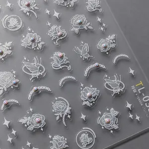 5D stereoscopic white rose and butterfly nail stickers with colorful pearls