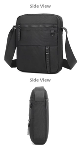 Detail view of the durable nylon crossbody bag showing side profiles and adjustable strap