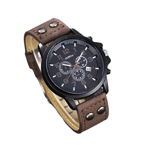 Fashion Geneva men's quartz watch with black dial and studded brown leather strap