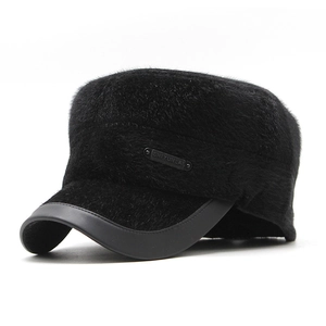 Winter faux fur military flat top hat for men with ear protection and metal plaque