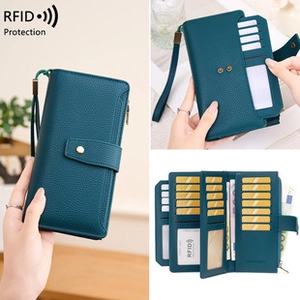 Detail view of leather wallet showing RFID protection and multi-card slot layout