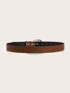 Detail view of brown textured leather belt with diamond stitching and silver buckle