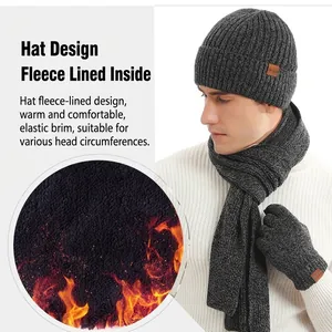 Winter set with gray knit beanie, scarf and gloves featuring fleece lining for men