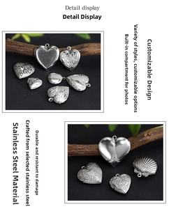 Detail display of opening heart and round stainless steel lockets with floral engravings