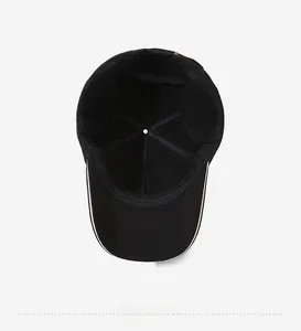 Detail view of the black winter baseball cap interior lining with premium stitching