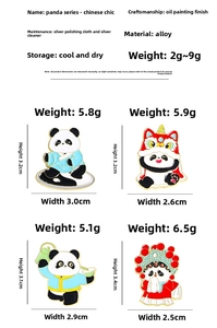 Detailed view of Chinese style panda metal pins showing enamel craftsmanship and sizes