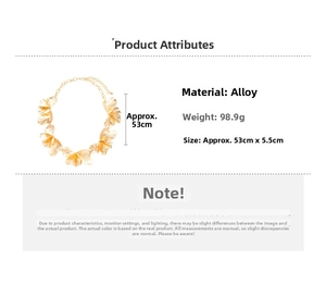 Detailed view of golden metal flower necklace with material and size specifications
