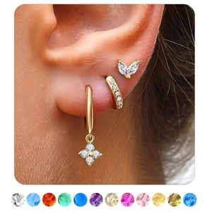 Gold-tone multi-style earring set featuring heart studs and colorful birthstone options