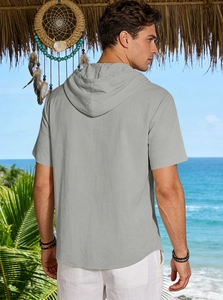 Detail of grey short sleeve linen hooded shirt for men with breathable summer fabric