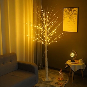 Macro shot of faux birch tree texture and warm LED lights on decorative indoor branch