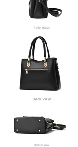 Detailed views of black PU leather handbag showing side, back pocket, and protective gold studs