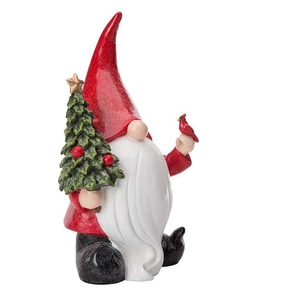 Resin Christmas gnome statue with white beard, red hat, tree and northern cardinal