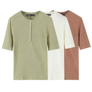 Linen blend Henley short sleeve t-shirts with decorative buttons in green, white, and tan