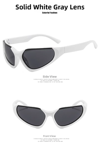 Dual view of white frame Y2K sunglasses with dark grey lenses and futuristic cat-eye design