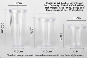 Detailed size chart for clear double-layer straw cups in 350ml, 450ml, and 650ml sizes