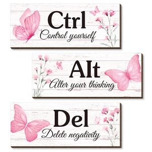 Pink wood wall decor set with butterfly motifs and inspirational computer key quotes