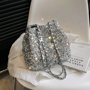 Sequin Bucket Bag For Women Fashion Sparkly Evening Handbag With Woven Metal Chain Strap Underarm Purse