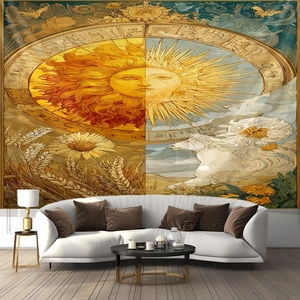 Detail of a large sun astrology tapestry with floral patterns and a galloping white horse
