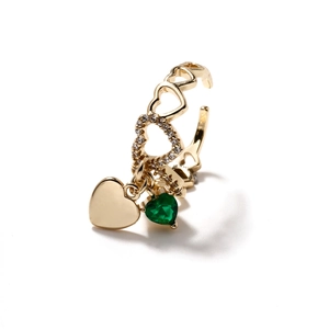Exquisite gold heart chain ring with green heart-shaped gemstone and cubic zirconia
