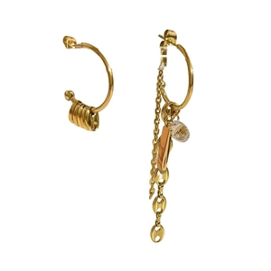 Elegant asymmetrical gold hoop earrings with long chain tassel and crystal pendant detail