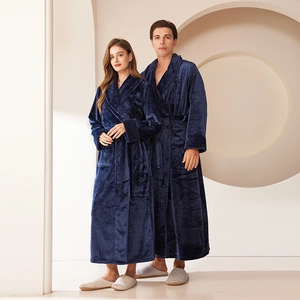 Thick flannel couple bathrobes in navy blue, long plush design with decorative trim