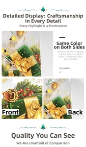 Double-sided Christmas gift bags in retro green with festive gold patterns and berry details