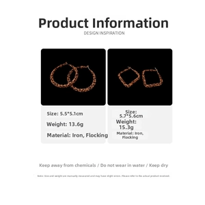 Detailed view of leopard print flocking earrings with dimensions and material specs