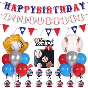 Baseball birthday party kit with Happy Birthday banners, balloons and cake toppers