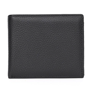 Close-up of black genuine leather wallet with classic pebble grain texture finish