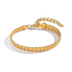 Macro detail of 18K gold plated Cuban link chain bracelet with lobster clasp and extender