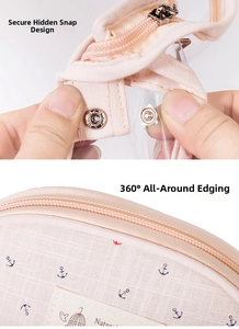 Detail of pink fabric pouch with metal snap button and 360 reinforced edge piping