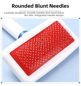 Detail of pet slicker brush with rounded pins for safe hair removal and grooming