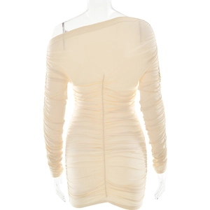 Detail of beige one-shoulder long sleeve dress featuring ruched slim fit texture
