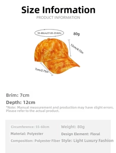 Detailed sizing chart and specifications for the floral print polyester baseball cap