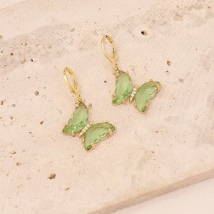 Fashionable 18K gold plated butterfly drop earrings with light green translucent finish