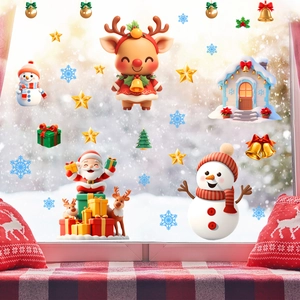 Detailed Christmas window decals featuring Santa, reindeer, and snowflakes for home decor