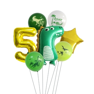 Dinosaur 5th birthday balloon set with gold number five and green foil dinosaur