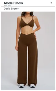 Deep brown yoga set featuring crossover waist flared pants and twisted front sports bra