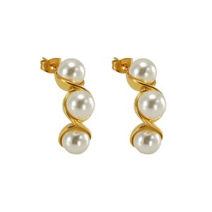 Detailed view of gold stainless steel earrings with triple pearls in wavy wrap design