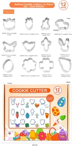 Size chart for 12-piece stainless steel Easter cookie cutter set with dimensions