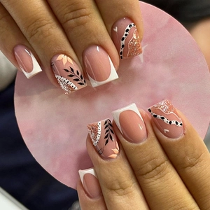 French Tip Press On Nails Square Pink Artificial Manicure With Leaf Pattern And Glitter For Women Elegant