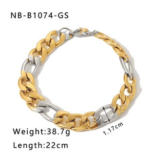 Close-up of 18K gold plated two-tone chunky chain bracelet with lobster clasp and dimensions