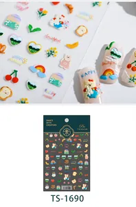Macro detail of 3D embossed nail stickers featuring cute cartoon bears and floral patterns